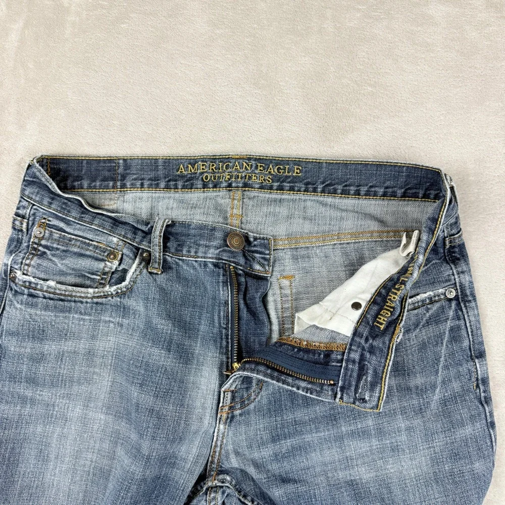 American Eagle Jeans Mens Meas 34x32.75 Blue Original Straight Grunge Distressed